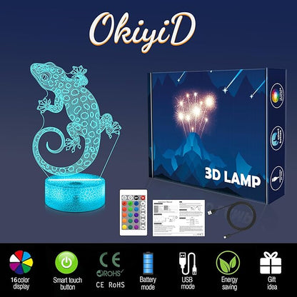OkiyiD Leopard Gecko 3D Illusion Lamp - 16 Color Night Light with Remote, Gecko Reptile Tank Accessory Decor, Lizard Habitat Decor Gifts for Reptile Lovers Boys & Girls