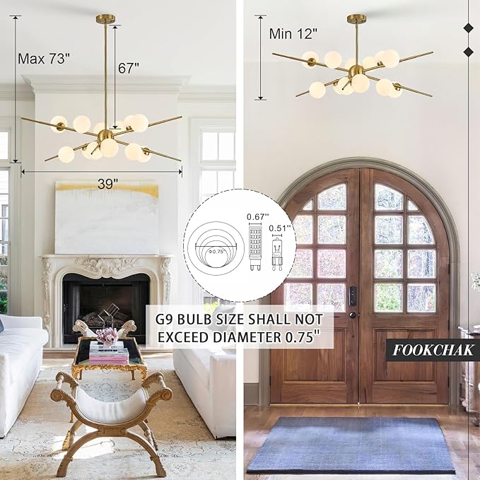 Large Gold Sputnik Chandelier 39in 12-Light Frosted Glass Chandelier Light Fixture Mid-Century Modern Molecular Chandeliers for Living Room Dining Room Foyer Kitchen Bedroom