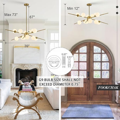 Large Gold Sputnik Chandelier 39in 12-Light Frosted Glass Chandelier Light Fixture Mid-Century Modern Molecular Chandeliers for Living Room Dining Room Foyer Kitchen Bedroom