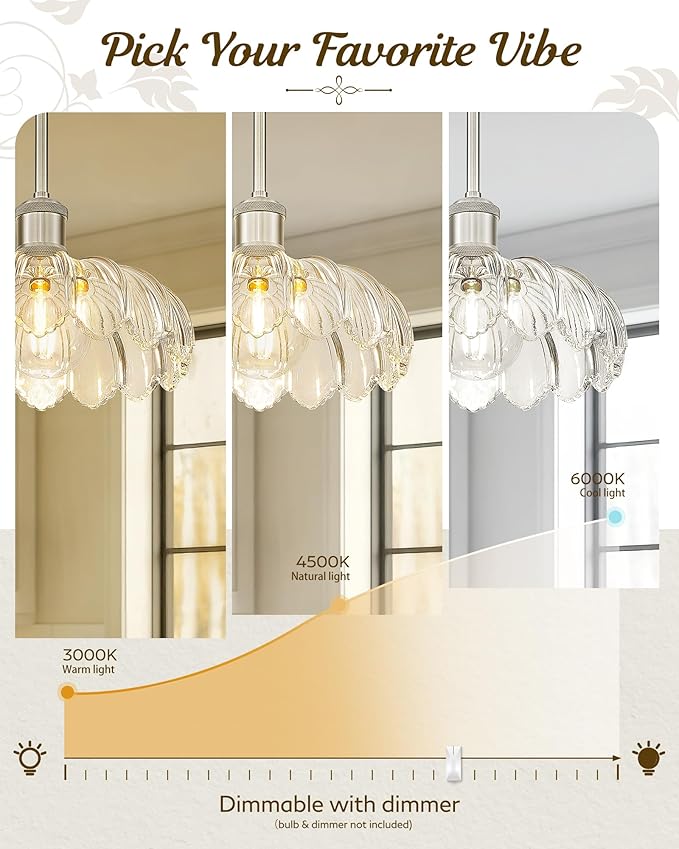 FEMILA 10.4" Brushed Nickel Pendant Lighting, Flower Glass Pendant Light Vintage Light Fixtures for Bedroom Hotel Dining Room, 4FJX82MIL BN