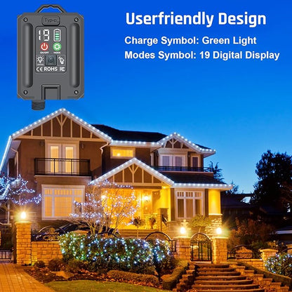 New Upgraded Solar Christmas String Lights Outdoor Waterproof 2 Pack Total 144ft 400 Led Solar & USB Rechargeable 19 Mode Solar Power Fairy Lights for Outside Yard Patio Garden Party Xmas Decor, White