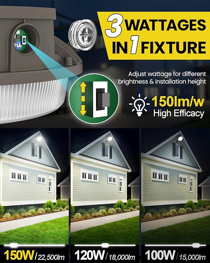 YARBO LED Barn Light with Switchable Wattage & Color: 150W/120W/100W, 5000K/4000K/3000K, 22500LM, Dusk to Dawn & Timer Dimming, AC100-277V IP65 Waterproof ETL Listed for Garage Warehouse Barn Security