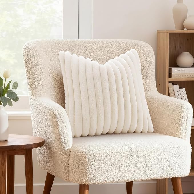 decorUhome Summer Cozy Faux Fur Throw Pillow Covers 22x22 Set of 2 Decorative Plush Striped Modern Farmhouse Boho Couch Euro Sham Pillow Cases with Velvet Back for Sofa Bed Living Room, Cream White