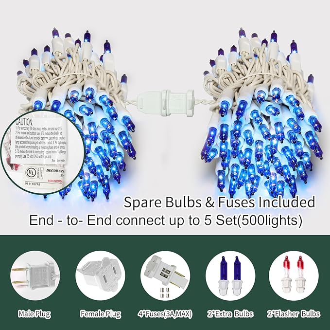 LAMPHOME Blue Christmas Lights Set 100 Count 19.6 Feet Incandescent Bulb Mini String Lights for Indoor Christmas Tree Garland Birthday Wedding Party Festival Decoration, White Wire