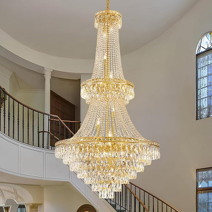 26 Lights Gold Luxury Crystal Chandeliers Large Modern Chandelier for High Ceilings Crystal Pendant Light Fixture Foyer Staircase Hallway Entryway Banquet Hall Lobby 63" H x 30.7" D