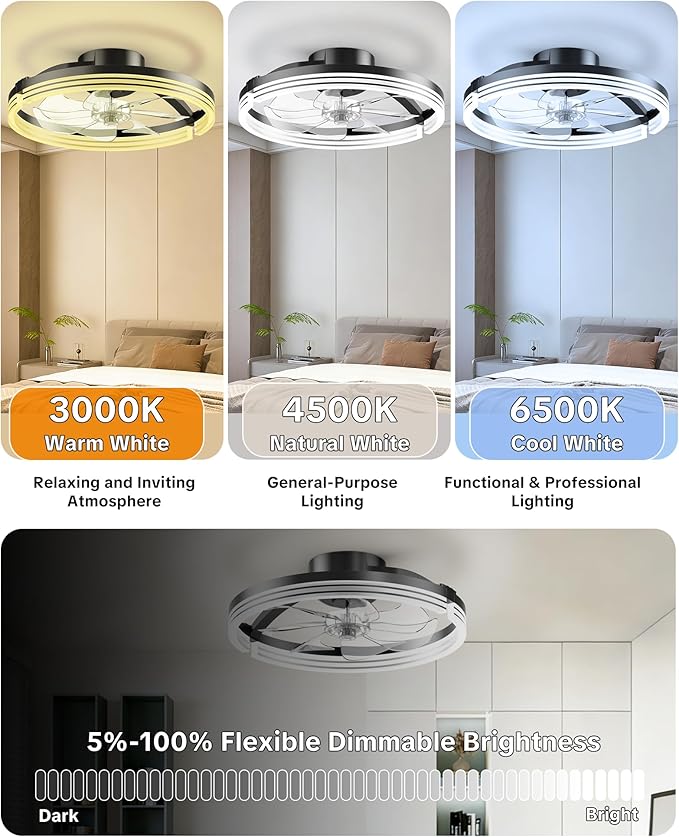 Ceiling Fans with Lights and Remote Low Profile Flush Mount LED Ceiling Fan with Lights 3000K-6500K Dimmable Foldable Fandelier Light 6 Wind Speeds Night Light for Bedroom Living Room Black Striped