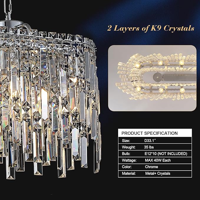 A AXILIXI Rectangular Crystal Chandelier for Dining Room Modern Chrome Chandelier Linear Rectangle Pendant Light Fixtures for Kitchen Island L33” K9 Luxury Long Chandelier for Living Room