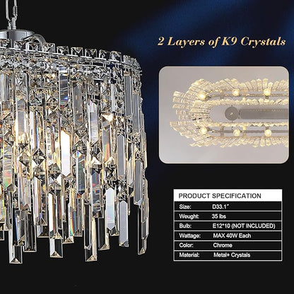 A AXILIXI Rectangular Crystal Chandelier for Dining Room Modern Chrome Chandelier Linear Rectangle Pendant Light Fixtures for Kitchen Island L33” K9 Luxury Long Chandelier for Living Room