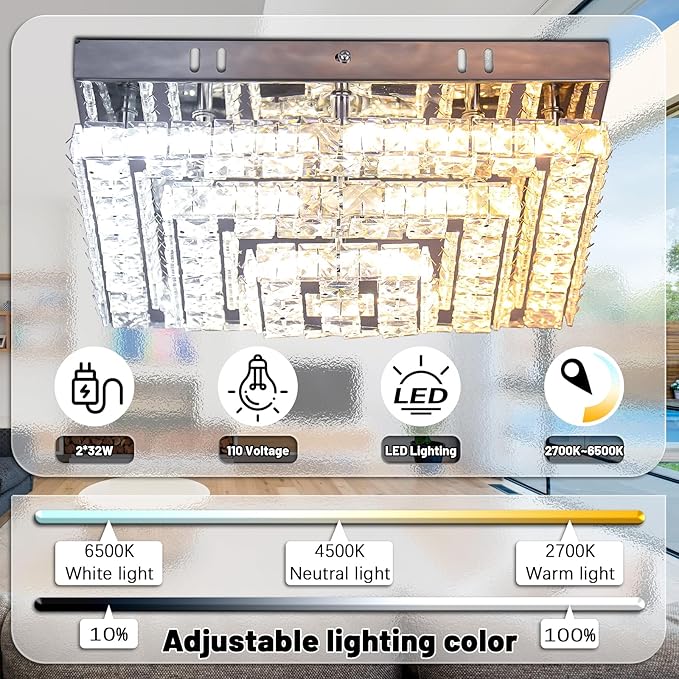 Crystal Chandeliers Crystal LED Ceiling Light 11.8" Square Flush Mount Modern Chandelier Ceiling Lights Fixtures for Bedroom Dining Room Hallway Dimmable by Remote Control