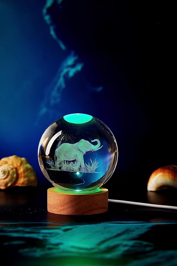 Elephant Crystal Ball Lamp, 3.15 inch, Night Light with Wooden LED Base, Glass Ball with USB, Remote Control, 16 Color Change, Gift Box
