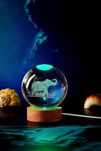 Elephant Crystal Ball Lamp, 3.15 inch, Night Light with Wooden LED Base, Glass Ball with USB, Remote Control, 16 Color Change, Gift Box