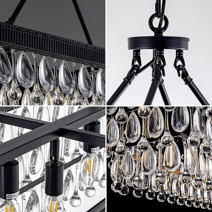 TOCHIC Crystal Dining Room Chandelier Over Table, Black Linear Rectangle Chandeliers, 7 Lights Modern Farmhouse Pool Table Billiard Light Fixture for Kitchen Island, Living Room, Entryway, 38" L
