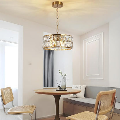 Modern 4-Light Gold Crystal Chandelier Ceiling Light, 12-Inch Small Round Semi Flush Mount Chandelier-Style Ceiling Light for Kitchen Island & Entryway