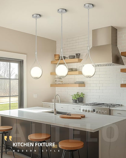 Autelo 2 Pack Pendant Lights Kitchen Island, 1-Light Pendant Lights in Brushed Nickel Finish with Milky White Globe Glass, Nickel Pendant Light Fixtures, Hanging Lamp for Kitchen Island H9377 MGST-2PK