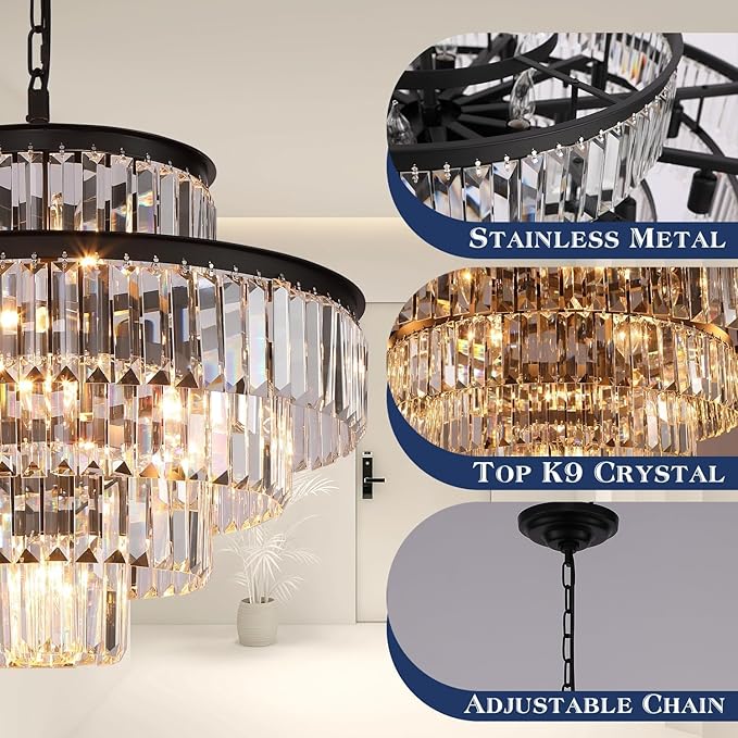 Black Modern Crystal Chandelier Pendant Ceiling Lights Chandeliers Lighting Fixture for Dining Living Room Foyer Hallway 13-Lights (Dia 24 Inch)