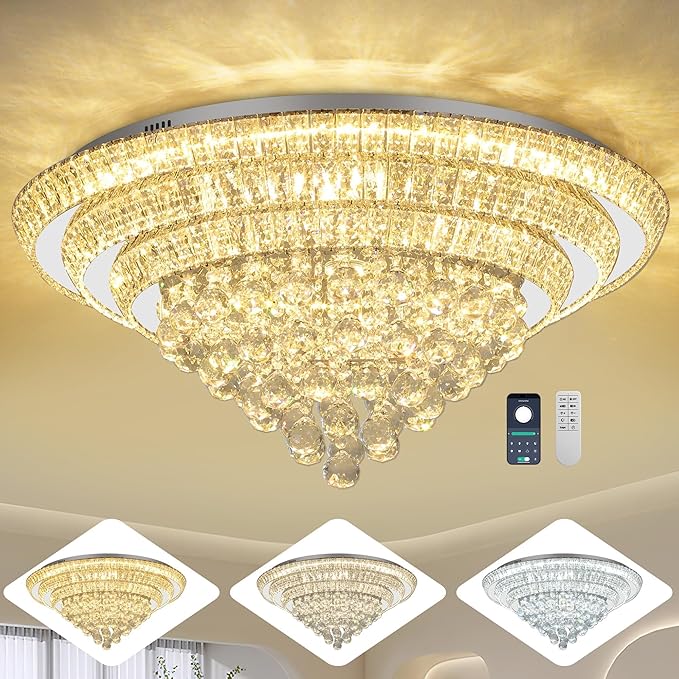 Miuyhji Elegant LED Crystal Raindrop Ceiling Light, 30" Flush Mount Chandelier Light Fixture with Remote Control for Living Room Kitchen Island Bedroom Hallway Entryway Foyer(Dimmable)