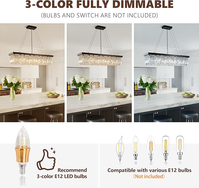 Modern Crystal Chandelier for Dining Room,10-Light Black Rectangle Pendant Ceiling Light Fixture for Kitchen Island Bar, L47 x W10 x H10