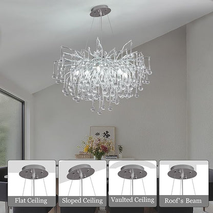 Modern Crystal Raindrop Chandelier, Silver Round Art Deco Tree Branch Lighting Fixture for Dining Room Living Room Foyer 8 Lights D23.7''