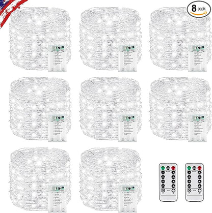 8 Pack Total 160FT 480LED Fairy Lights Battery Operated with Rmote, Waterproof Twinkle Lights with Timer Indoor Outdoor, Cuttable String Light for Bedroom, Classroom, Christmas Decor, Cool White