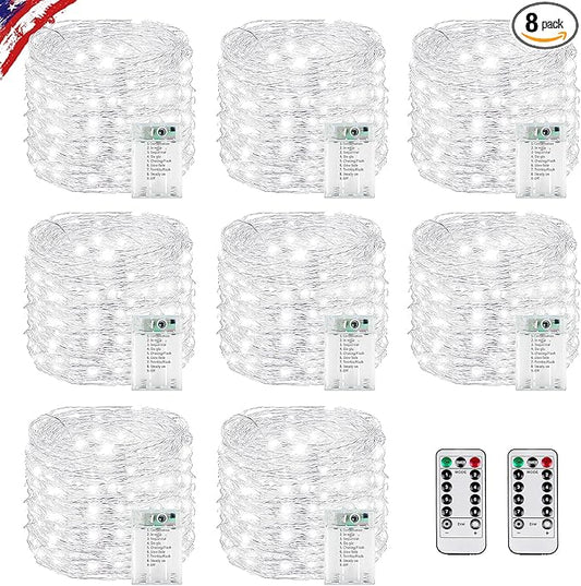 8 Pack Total 160FT 480LED Fairy Lights Battery Operated with Rmote, Waterproof Twinkle Lights with Timer Indoor Outdoor, Cuttable String Light for Bedroom, Classroom, Christmas Decor, Cool White