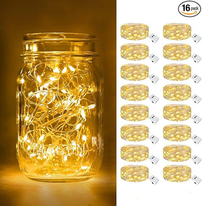 btfarm 16 Pack Fairy Lights Battery Operated [3 Modes], 7ft 20 Led Twinkle Lights String Lights Waterproof Bulk Small Mini Silver Wire for Christmas Mason Jars Wedding Table Centerpiece, Warm White