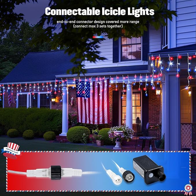 JMEXSUSS Icicle Lights for 4th of July Decor, 400 LED Red White and Blue Icicle Lights for Outside, 38.8 Ft Independence Day Icicle String Light Indoor Outdoor Holiday American Flag Decor