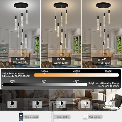 Modern High Ceiling Crystal Chandelier 7-Lights, Spiral LED Raindrop Foyer Pendant Lighting, Bubble Staircase Living Room Hanging Light Fixture Flush Mount Black