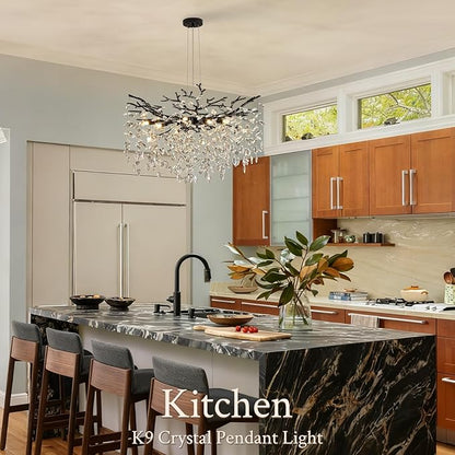 Benkut Black Tree Branch Crystal Chandelier 31.5" Modern Crystal Raindrop Chandeliers 10-Light Luxury Brach Chandelier for Dining Room Kitchen Bedroom Living Room
