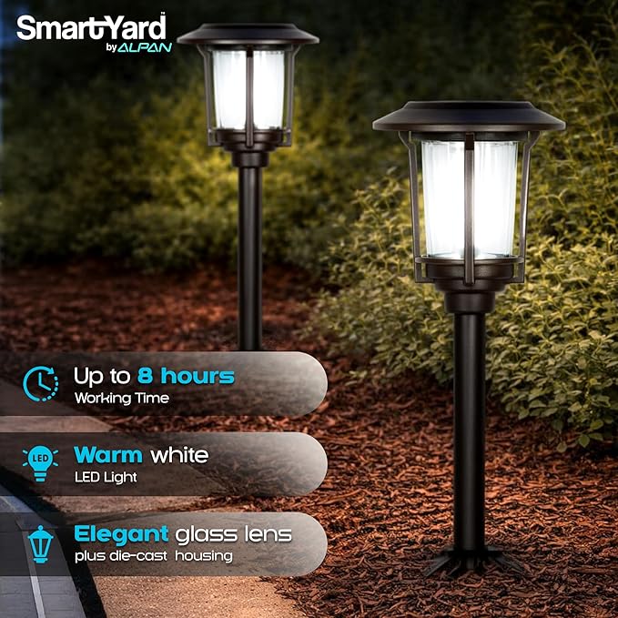 Solar Pathway Lights Outdoor - Pack of 6, 6 Lumens Warm White LED, Bronze Aluminum & Stainless Steel Weather-Resistant Outdoor Solar Lights for Yard, Garden, Walkway Lighting - Easy Stake Installation