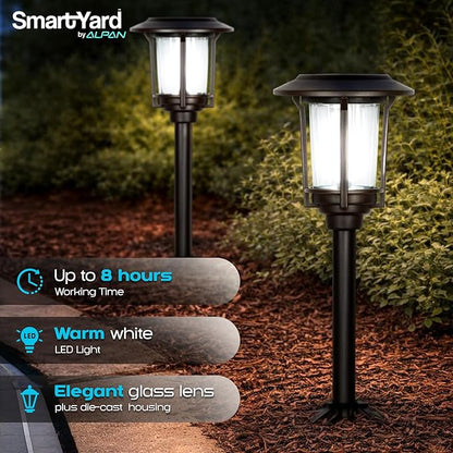 Solar Pathway Lights Outdoor - Pack of 6, 6 Lumens Warm White LED, Bronze Aluminum & Stainless Steel Weather-Resistant Outdoor Solar Lights for Yard, Garden, Walkway Lighting - Easy Stake Installation