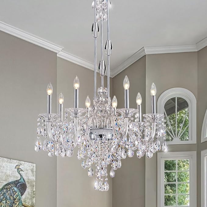 8-Light Crystal Candle Chandelier, Chrome Chandelier for Dining Room, Entryway & Living Room, Adjustable Height, E12 Base
