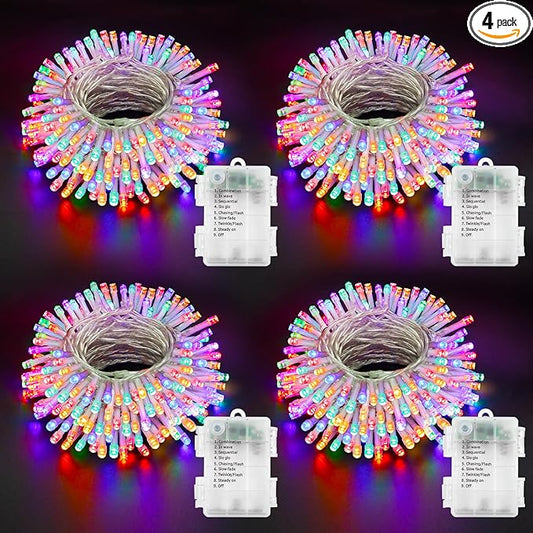 4 PACK Multicolor Battery Operated String Lights Outdoor 16.5Ft 50LED Battery Timer String Lights RGBY Clear Wire Christmas Tree Lights with 8 Modes Indoor Decorations for Yard Patio Window Tree