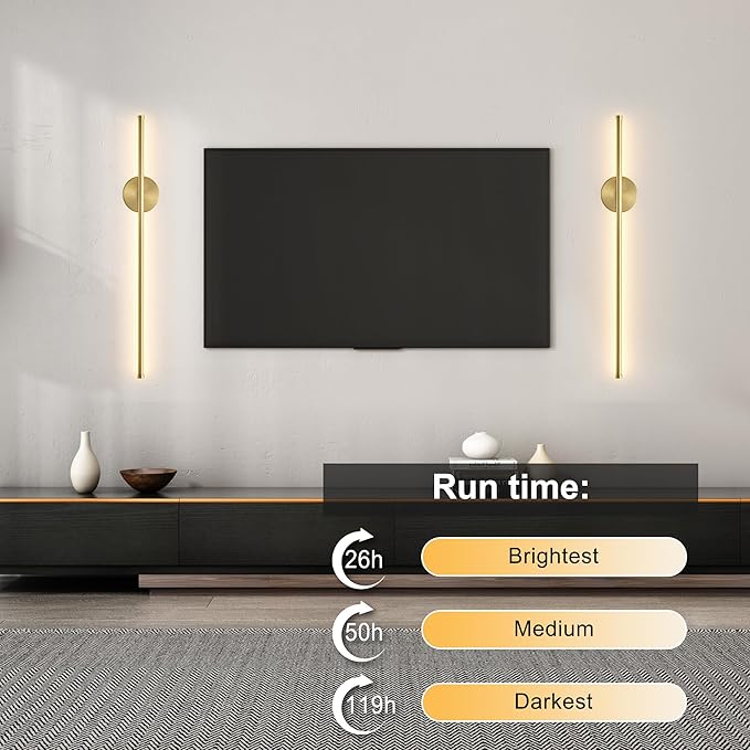 Battery Operated Modern Wall Sconces Set of Two,Rechargeable Wireless Wall Lights with Remote Control,Dimmable,3CCT,Timer,360°Rotation,Cordless Lighting for Bedroom,Living Room,Hallway,Brass,27.6 Inch