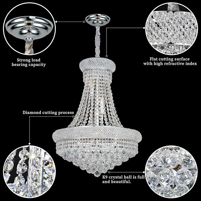 Crystal Chandeliers for Dining Room Light Fixture,Empire Style K9 Crystal Chandeliers for Entryway,12 Lights Chrome Luxury Lighting Fixtures for Living Room Stairway Bedroom Foyer D22 Inch