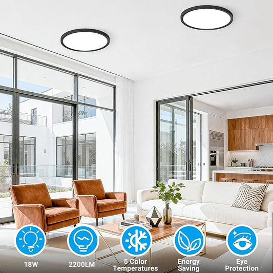 LED Flush Mount Ceiling Light,9Inch 18W,3000K/3500K/4000K/5000K/6500K 5 Color Temperatures Ceiling Light Fixture for Kitchen Porch Hallway Bedroom Bathroom and Closet,Black