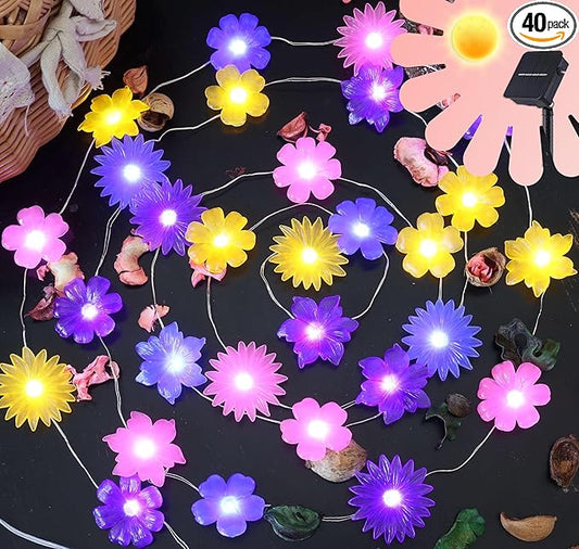 Solar Lights Outdoor Flower String Lights Waterproof Fairy Spring Summer Floral Garden Tree Balcony Yard Fence Plants Decor Night Light 14ft 40 LED.