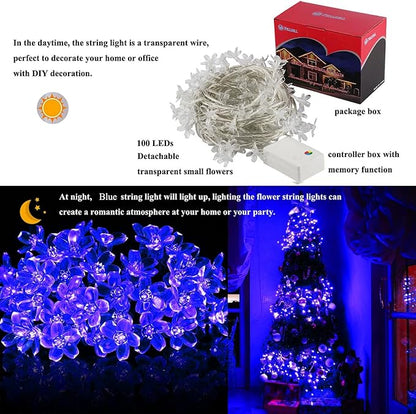 Blue Flower String Lights Indoor Outdoor Decorations, 33ft Connectable Clear Wire 100 LED Cherry Blossom Fairy Light with 8Mode & Memory for Christmas Easter Birthday Wedding Party Bedroom Décor