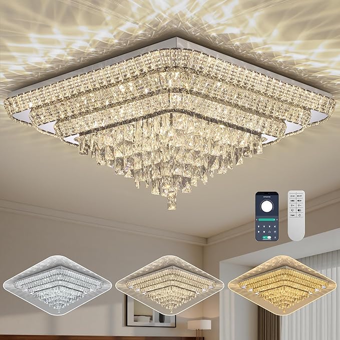 Miuyhji Elegant LED Crystal Raindrop Ceiling Light, 30 Inch Square Flush Mount Chandelier with Remote for Living Room Kitchen Island Bedroom Hallway Entryway Foyer (Dimmable)