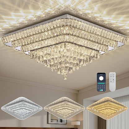 Miuyhji Elegant LED Crystal Raindrop Ceiling Light, 30 Inch Square Flush Mount Chandelier with Remote for Living Room Kitchen Island Bedroom Hallway Entryway Foyer (Dimmable)