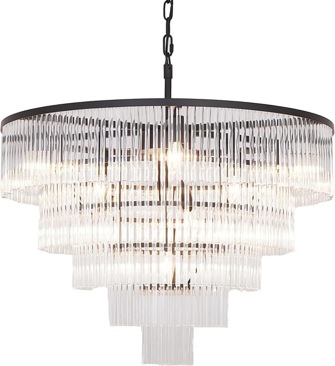 Modern Multi-Tier Crystal Chandelier 5-Tier Round Black Finish Ceiling Light -Cylindrical Glass Rods -Dining Room Living Room Bedroom Entryway -Luxury Lighting Fixture 27.5''