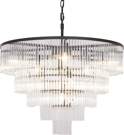 Modern Multi-Tier Crystal Chandelier 5-Tier Round Black Finish Ceiling Light -Cylindrical Glass Rods -Dining Room Living Room Bedroom Entryway -Luxury Lighting Fixture 27.5''