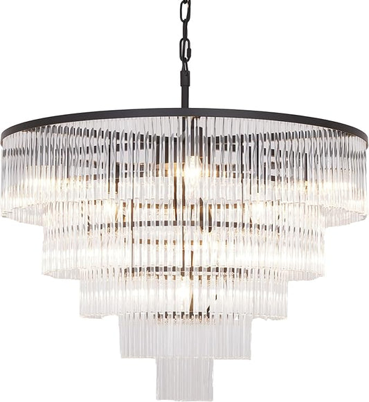 Modern Multi-Tier Crystal Chandelier 5-Tier Round Black Finish Ceiling Light -Cylindrical Glass Rods -Dining Room Living Room Bedroom Entryway -Luxury Lighting Fixture 27.5''