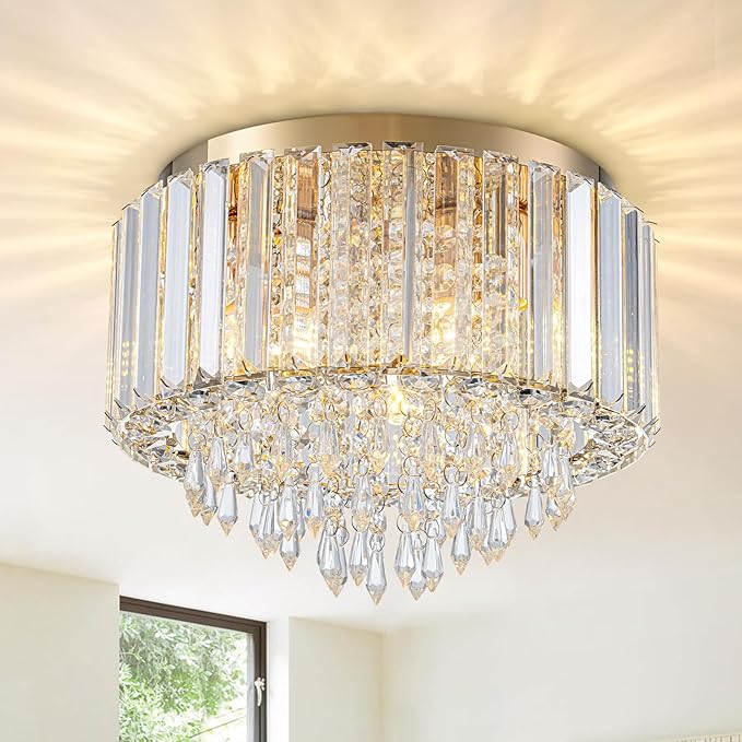 HOPGGIE 11.8 Inch Crystal Chandelier Modern Chandelier Light Mini Chandelier Semi Flush Mount Ceiling Light Fixture Small Chandelier for Bedroom Hallway Kitchen Foyer Closet (Gold)