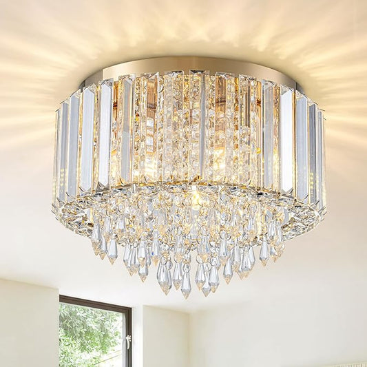 HOPGGIE 11.8 Inch Crystal Chandelier Modern Chandelier Light Mini Chandelier Semi Flush Mount Ceiling Light Fixture Small Chandelier for Bedroom Hallway Kitchen Foyer Closet (Gold)