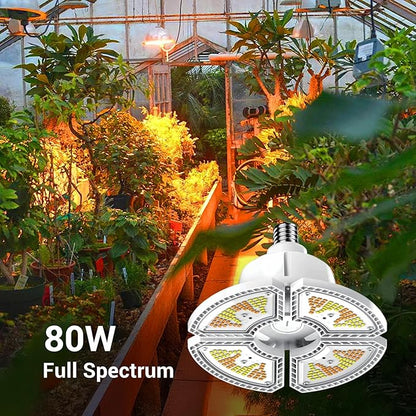 RDJ Bouns Grow Light Bulbs for Indoor Plants, 80W Large Full Spectrum 12791LM High PPFD, E26 Base Foldable Fast-Heat-Cnducting Aluminum Panel for Outdoor Greenhouse Waterproof Plant Light