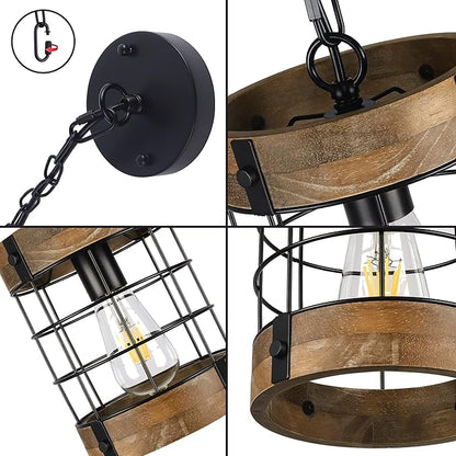 Rustic Pendant Light Fixtures, Farmhouse Kitchen Wood Hanging Lighting, Industrial Round Cage Chandelier for Entryway Hallway Dining Room Bedroom Foyer