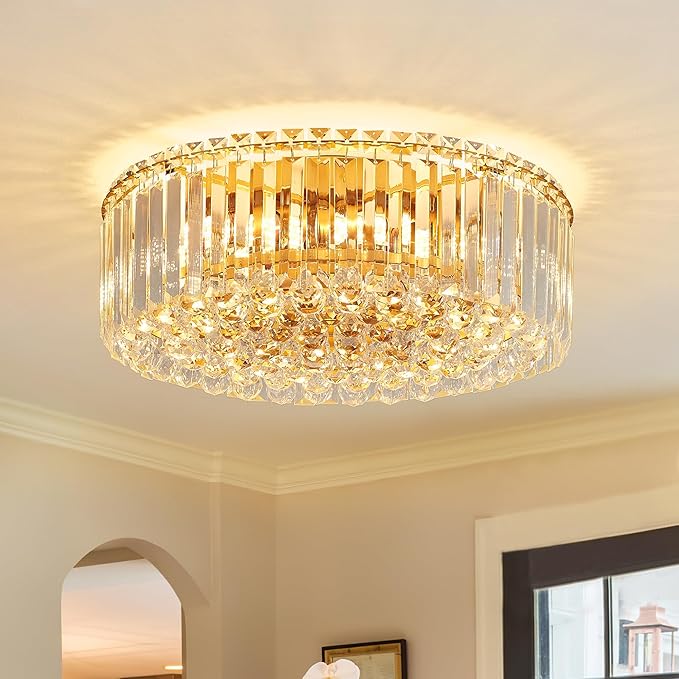 17.3" Gold K9 Crystal Raindrop Flush Mount Ceiling Light, Modern Chandelier, Round Luxury Light Fixture for Dining Room, Bedroom, Hallway, Kitchen Island & Living Room