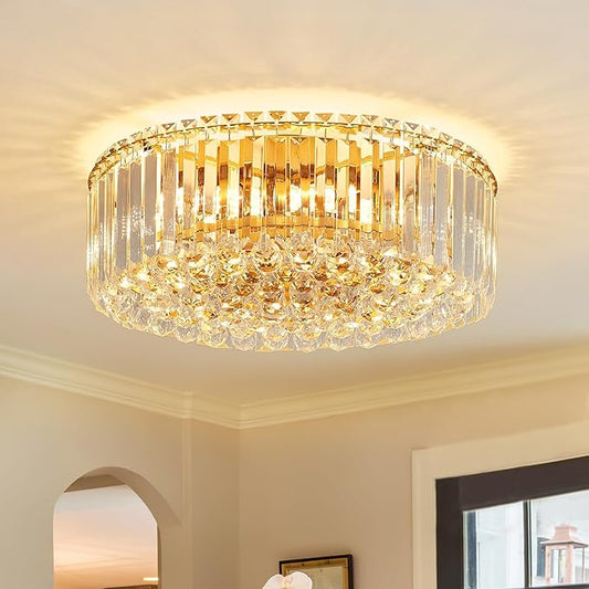 17.3" Gold K9 Crystal Raindrop Flush Mount Ceiling Light, Modern Chandelier, Round Luxury Light Fixture for Dining Room, Bedroom, Hallway, Kitchen Island & Living Room