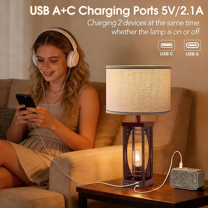 SRJJA Farmhouse Table Lamps Set of 2 for Living Room, Rustic Bedside Nightstand Lamps with USB A+C Charging Ports, 22.5" Dual Light Industrial Table Lamp with Linen Shade for Bedroom End Tables