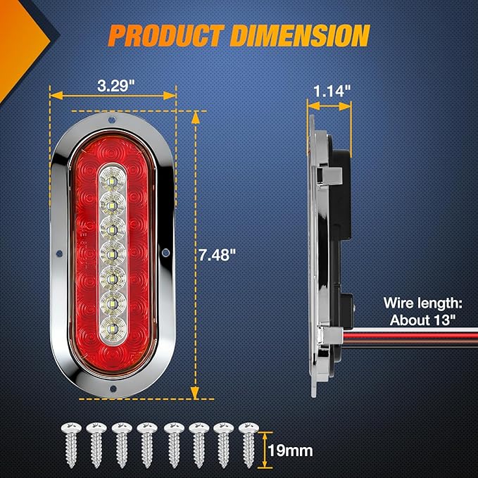 Nilight Trailer Tail Light 2PCS 6Inch Oval 23 LED Red White Chrome Frame Marker Clearance Stop Brake Reverse Backup Running Taillight IP67 Waterproof for Trailer Truck Pickup Camper RV
